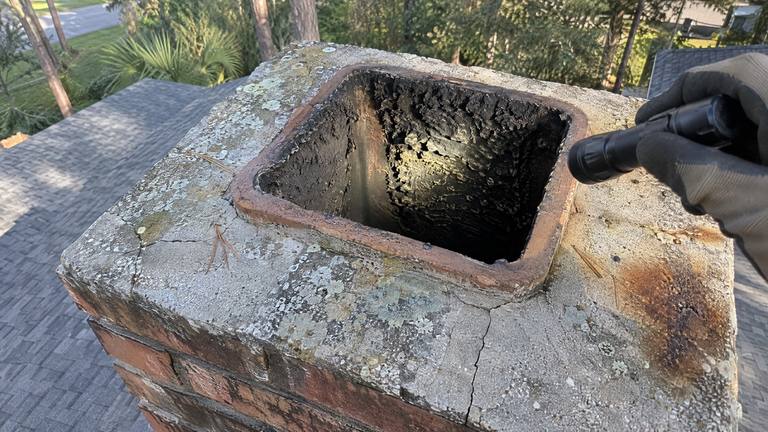 A flashlight beam lights soot and creosote inside a square clay flue tile set in a cracked, lichen-spotted concrete crown.
