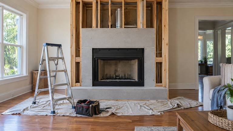 A new wood-burning fireplace unit set into a freshly framed wall with cement board during a living room renovation.