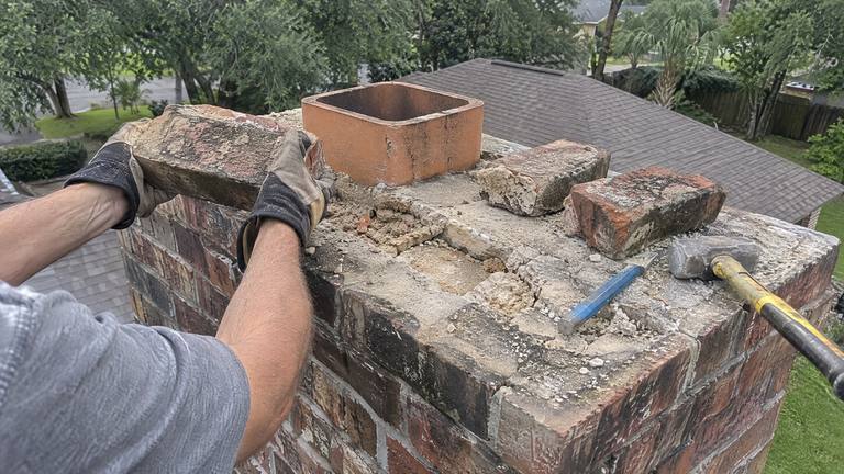Gloved hands lift a loose brick off the top of a weathered chimney beside a clay flue tile, with a chisel and a sledge hammer on the crown.