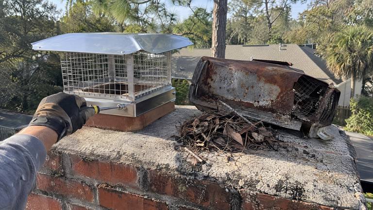 A new stainless steel mesh cap is screwed onto a chimney top next to the rusted old cap and a pile of leaves and twigs.